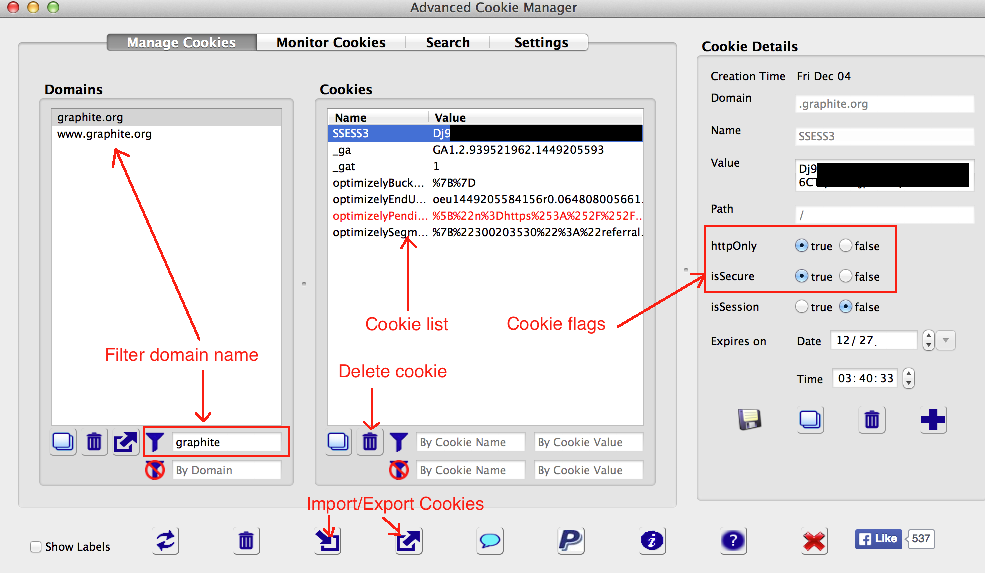 Viewing details of cookies in the Advanced Cookie Manager