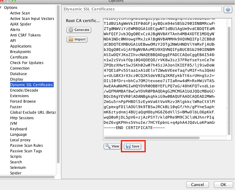 Saving the SSL Certificate generated by ZAP