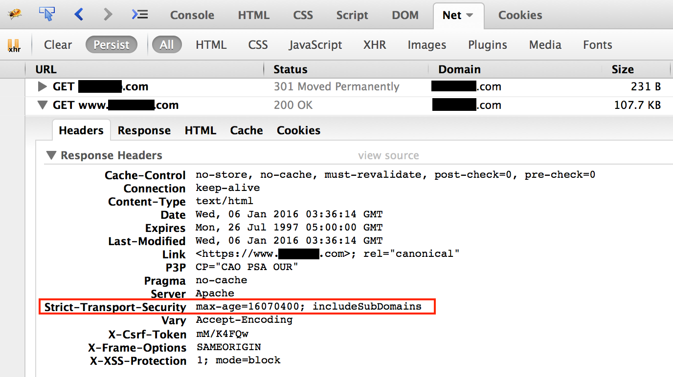Proper use of Strict Transport Security headers, seen in Firebug