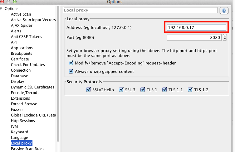 Updating the local proxy address in ZAP