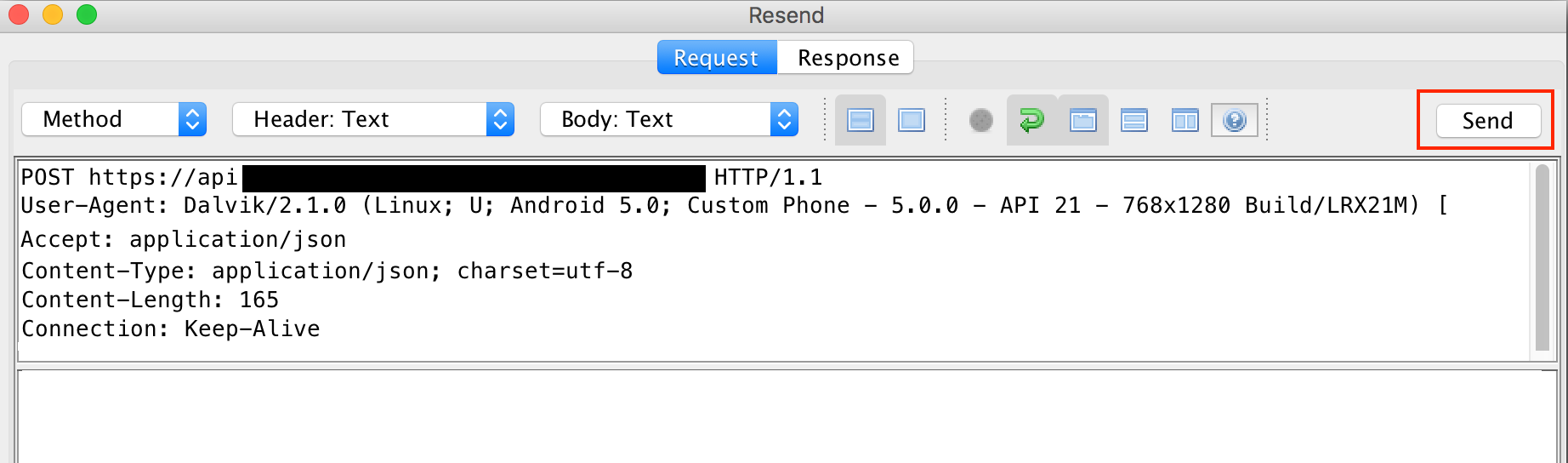 Click Send to resend the API request in ZAP