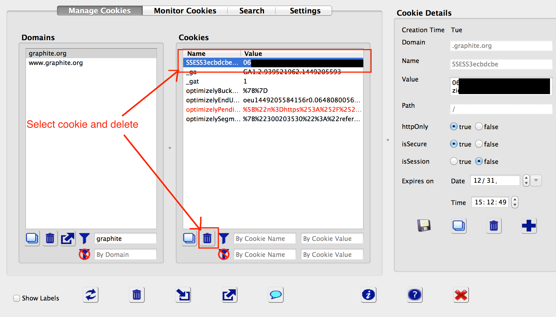 Deleting a cookie using Advanced Cookie Manager