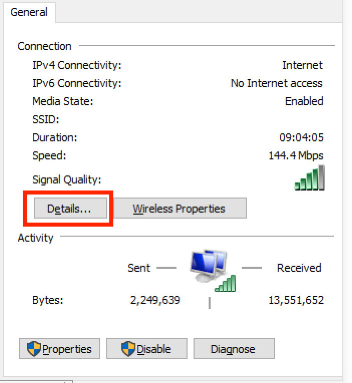 Navigating to Details for the active network