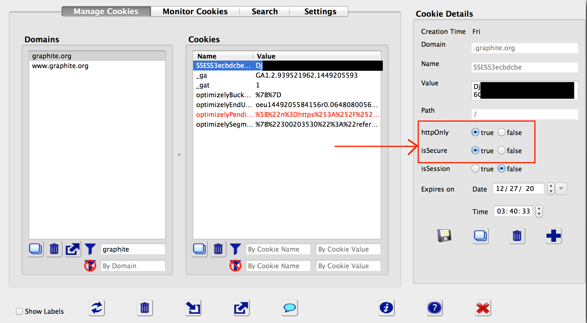 Checking for the httpOnly and isSecure flags with Advanced Cookie Manager